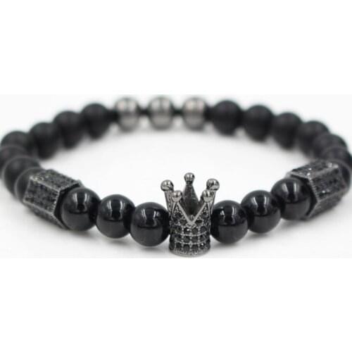 8mm uik3 gold silver micro pave cz zircon cubic zirconia Bracelet adjusted bead Crown black stone volcanic lava Bangles