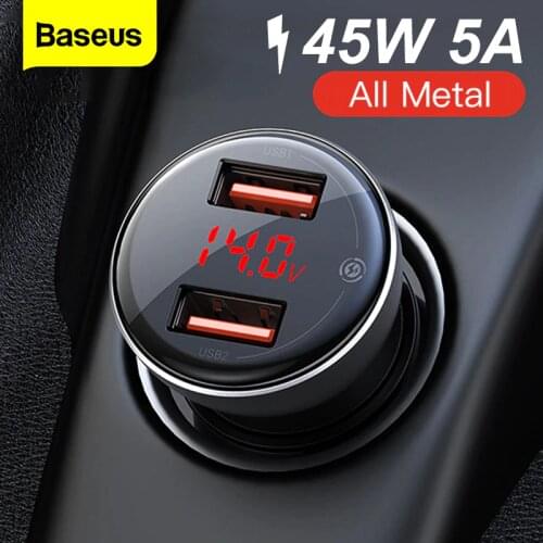 Baseus 45W Metal Dual USB Quick Charge 4.0 3.0 Car Charger SCP QC4.0 QC3.0 Fast Car USB Charger For iPhone Xiaomi Mobile Phone