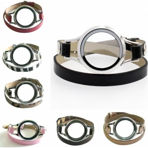 Floating Locket Watch Bracelet For Women Jewelry Making PU Double Wrap Bangle 30mm Glass Round Living Memory Locket Charms Gift