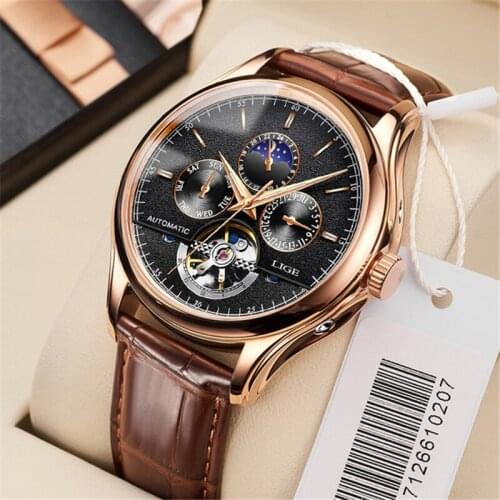 Relogio Masculin LIGE New Mens Watches Top Brand Luxury Automatic Mechanical Watch Men Leather Waterproof Watch Week Clock+Box