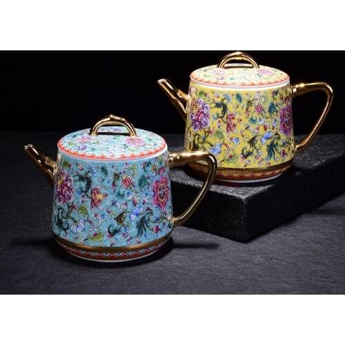 Enamel color tea set Kung Fu teapot ceramic hand-painted blue enamel color painted gold tangled lotus bubble teapot