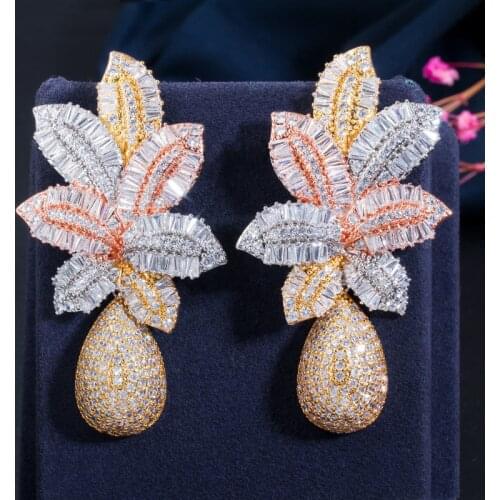 CWWZircons 3 Tone Gold Luxury Large Leaf Drop Flower Micro Cubic Zirconia Paved Naija Wedding Party Earring for Women CZ644