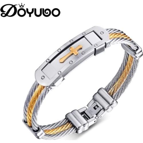 DOYUBO Fashion Stainless Steel Watch Strap Bracelet Men Gold & Silver Color Cross Bracelets For Male Punk Bangle Jewelry DD043