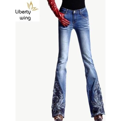 Spring Luxury Beading Embroidered Mid Waist Big Flared Female Boot Cut Embroidery Lace Bell Bottom Jeans Denim Trousers