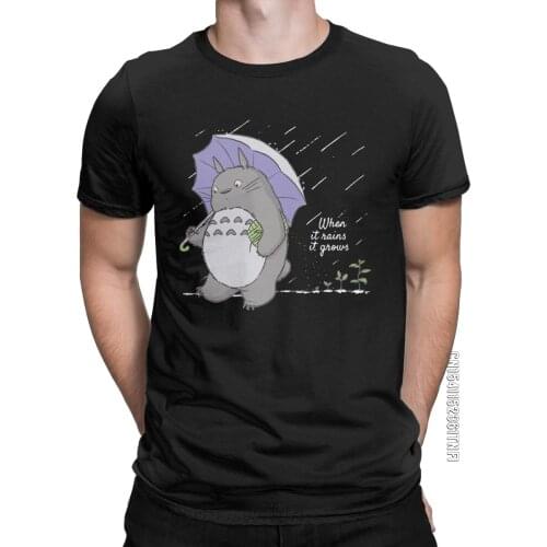 Mens T-Shirts When It Rains Totoro Fun Cotton Tees Classic Short Sleeve Miyazaki Hayao T Shirt Crew Neck Clothing Gift