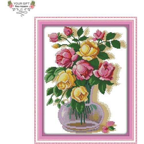 Joy Sunday Pink Yellow Roses Home Decoration H378 14CT 11CT Stamped Counted Dual Color Rose Flowers Embroidery Cross Stitch kits