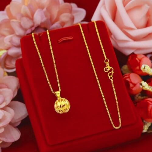 Korean Fashion Gold Necklace for Women Wedding Engagement Hollow Ball Pendant Necklace Chain Female 24K Gold Jewelry Gifts