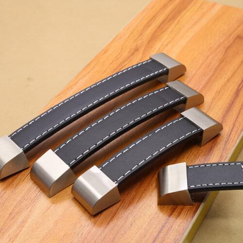 Zinc Alloy Leather Handles for Furniture Cabinet Knobs Chest Drawer Suitcase Handle and Pulls Black Brown Kitchen Handle Vintage