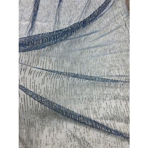 Nice looking Nigerian Lace Fabric JRB-81909 with glitter African Lace Fabric with glitter sequins in navy blue mesh silver glitt