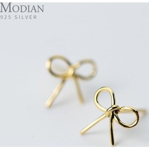 Modian Charm Gold Color Bowknot Earrings for Women 100% 925 Sterling Silver Simple Exquisite Stud Ear Fashion Jewelry Bijoux