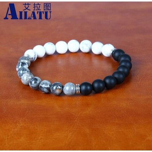 Ailatu New Trendy Lover Couple Jewelry 8mm Grey, White Stone and Black Beads Lucky Bracelet Jewelry