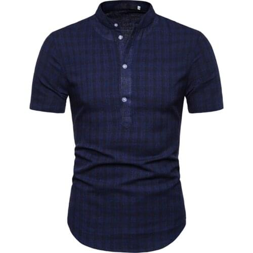 2019 Men Short Sleeves Shirt Summer Cotton Line Plaid Slim Stand Collar Comfortable Shirts Size S-XXL