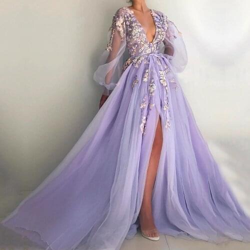 Eightale Purple Evening Dresses V-Neck Long Sleeves Prom Gowns 3D Flowers Tulle Side Split Formal Party Dress for Graduation