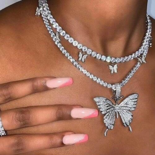 Big Butterfly Pendant Necklace Rhinestone Chain for Women Bling Tennis Chain Crystal Choker Necklace Party Jewelry