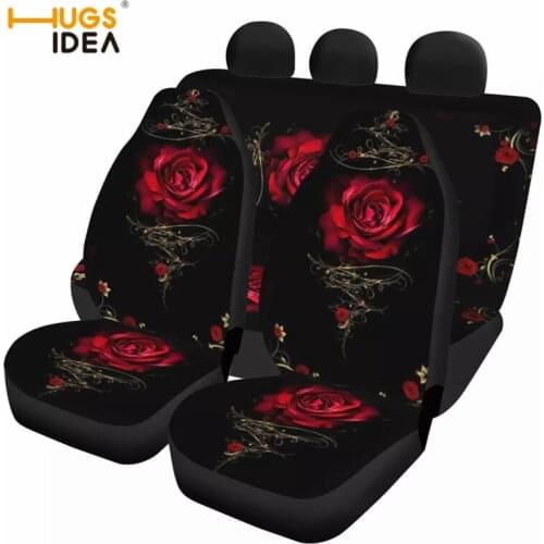 Red Rose Art Flower Print Car Seat Cover Full Set for Women Front Rear Seat Cover Comfortable Non-slip Car Protection Cushion