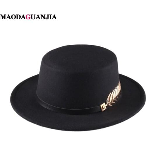 New Retro Felt Hats Black For Women With Wide Brim Belt Church Men Jazz Godfather Fedora Hat Decorated ladies Boater Hat flat