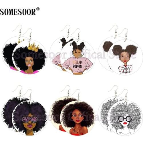 SOMESOOR Melanin Poppin Black Girl Gang Wooden Drop Earrings Afro Queen Cruly Hair Design Printed Wood Dangle For Women Gifts