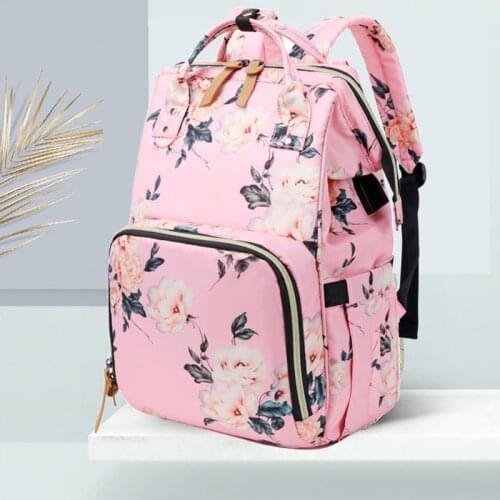Floral Diaper Bag Backpack Large Baby Bag, Multi-functional Travel Back Pack Built-in USB Charging Port