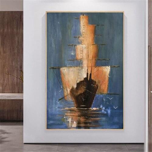Vintage home decor blue wall art hand-painted oil painting abstract sailing pirates of the Caribbean ship golden canvas painting