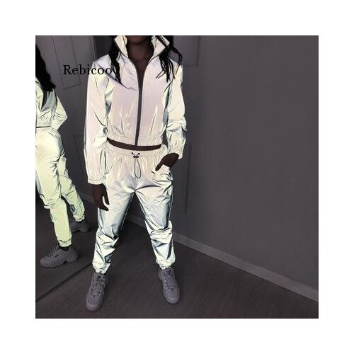 Women Windbreak Set Hip Hop Reflective Two Piece Casual Night Run Jackets Night Light Clothes Matching Pant Suit Coat Tracksuit