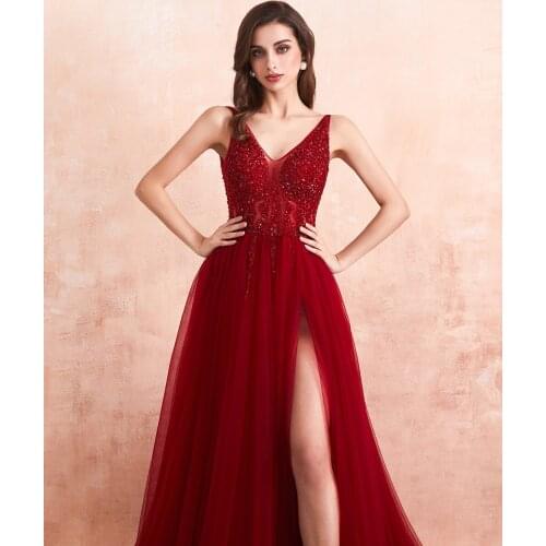 Beading Prom Dresses 2021 Long Sexy V-Neck High Split Tulle Sweep Train Sleeveless Evening Gown A-Line Backless Vestido De