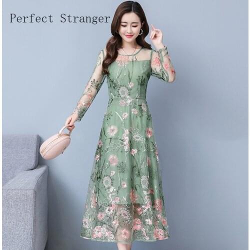 2020 Autumn New Arrival High Quality Elegant Round Collar Long Sleeve Printed Women Chiffon Long Dress