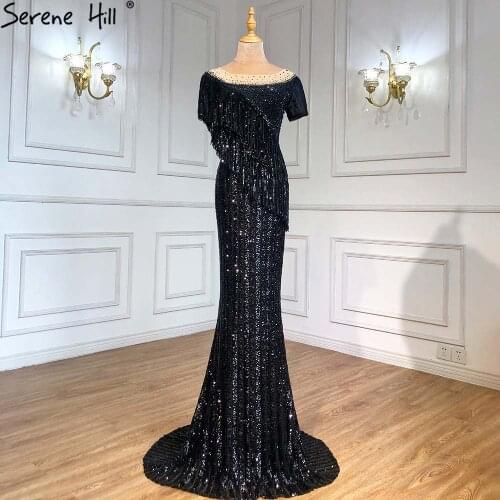 Serene Hill Black Mermaid Luxury Evening Dresses Gowns 2021 Beaded Tassel Elegant For Women Party CLA71386