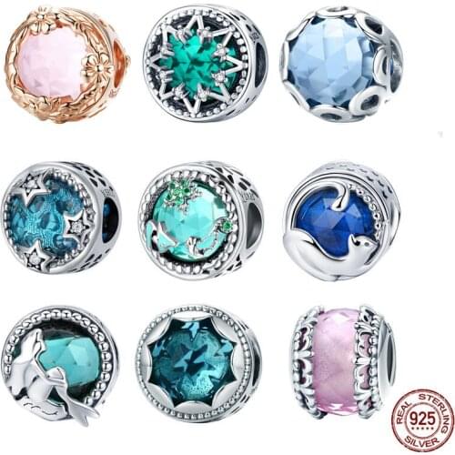 100% 925 Sterling Silver European Green Glass Beads Licorne Ocean Beads Charms Fit Original Charms Bracelets Jewelry Making
