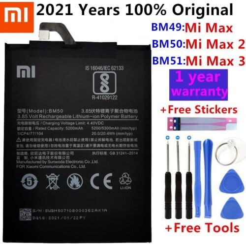 100% Original Replacement Battery For BM51 Xiaomi Mi Max 3 Max3 / BM50 Mi Max 2 Max2 / BM49 Mi Max Genuine Phone Battery +Tools