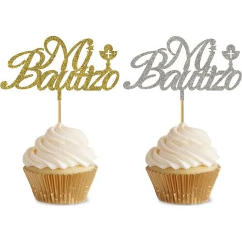 20pcs Glitter Gold Silver Spanish Mi Bautizo Paper Cupcake Topper For Christening & Baptism Party Fruit Picker Cupcake Decration