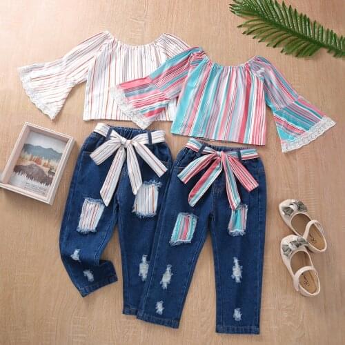 Infant Kids Baby Girls Clothes Flare Sleeve Stripe Print Long Sleeve Tops Bodysuit Ripped Long Pants 2Pcs Suit