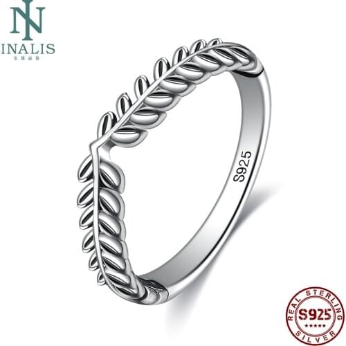 INALIS Genuine 925 Sterling Silver Classic Stackable Vintage Lucky Tree Leaf Finger Ring For Women Anniversary Fine Jewelry Gift