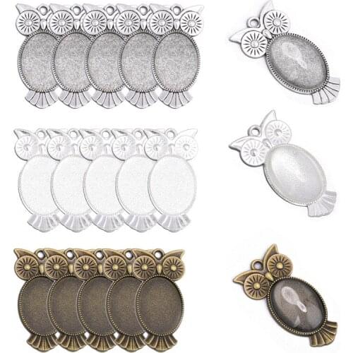JUYA 10pcs/lot 18x25mm Iner Size Antique Silver Plated And Bronze Owl Style Cabochon Base Setting Charms Pendant DIY Findings