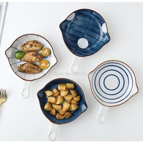Ceramic Tableware with Handle Japanese-style Hand-painted Bakeware, Household Cheese Pasta Plate Underglaze Color Bakeware