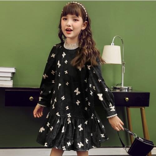 2021 Spring Dress For Girls Star Print Lace O Neck Long Sleeve Gowns Children New Year Birthday Party Show Dresses Kids Clothing
