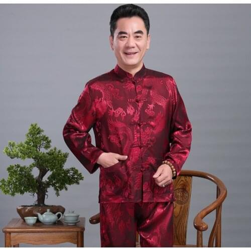 Plus Size 4XL Men Satin Kung Fu Suit Chinese Dragon Wu Shu Uniform Tai Chi Clothing Long Sleeve Shirt+Long Pant Sets Hot Sale