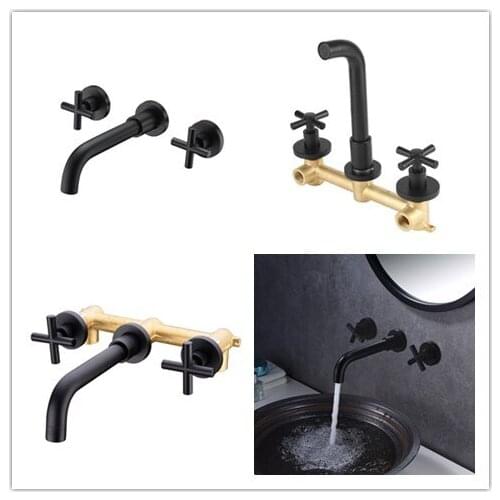 Matte Black unique Solid brass copper Bathroom Wall-mounted Hot and Cold Basin Sink Faucet,fashion Strong cross handle