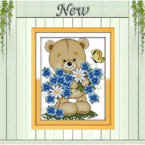 Little bear with flowers diy painting counted print on canvas DMC 11CT 14CT kits chinese Cross Stitch embroidery needlework Sets