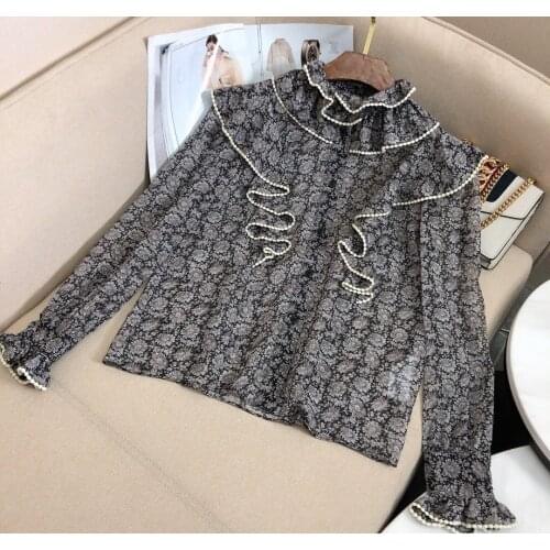 Fashion 2021 new ladies long sleeve sexy vintage silk ruffle print shirt 1215