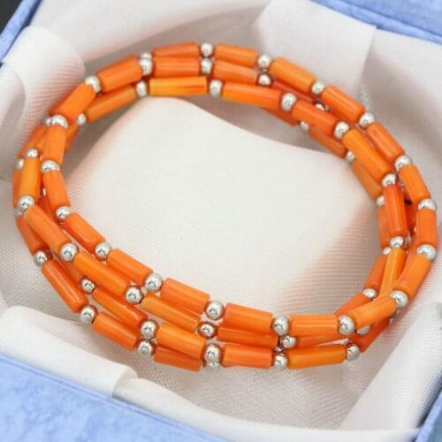 Fashion bracelets orange natural coral tube beads 3*7mm 4rows & 2rows long chain multilayer bangle magnetic clasp jewelry B2792