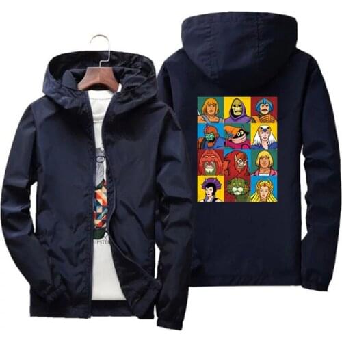 Mens Bomber Windbreaker He-Man And Friends Masters Of The Universe Coat Jacket Zipper Hooded Pilot Windproof Parkas Plus Size
