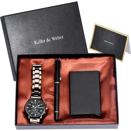 2020 Mens Gift Sets Top Luxury Quartz Watches High Quality Signature Pen Fashion Male Card Case Gifts for Husband Dad Boyfriend