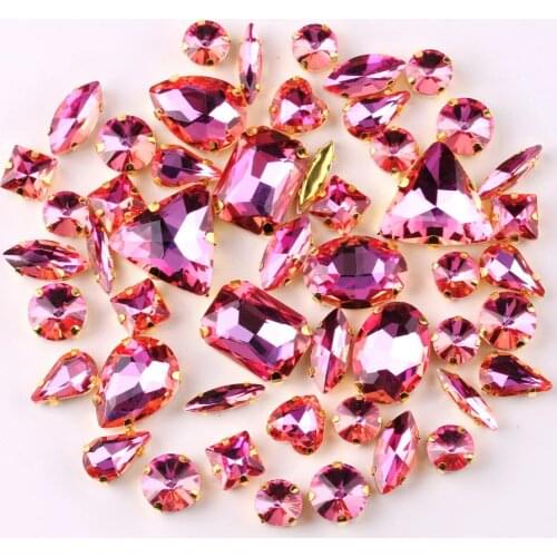 Gold claw settings 50pcs/bag shapes mix Lt peach rainbow glass crystal sew on rhinestone garments shoes bags diy trim