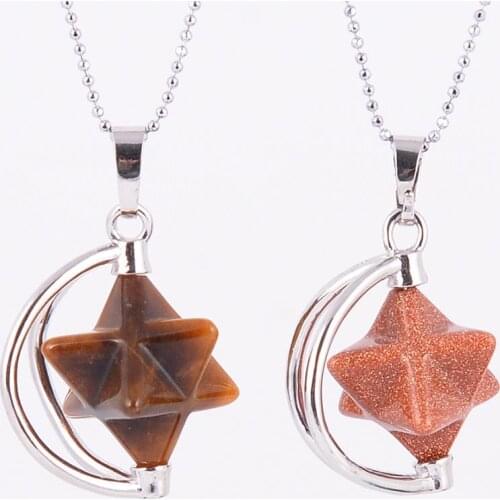 Natural Stone Merkabah Pendant Meditation Necklace Pink Crystal Lapis Lazuli Tiger Eye Drowsing Energy Wicca Jewelry D287-D297