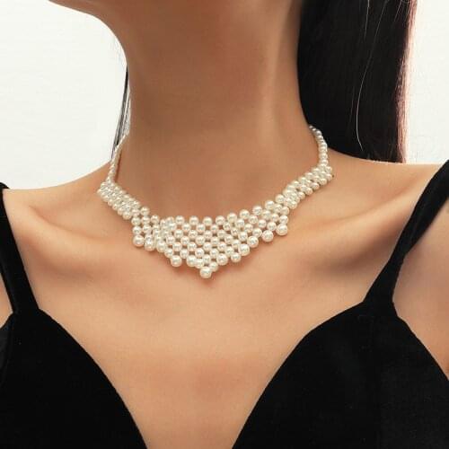 Fashion Female Handmade Beaded White Simulated Pearl Chokers Necklaces For Women Geometric Grid Shape Necklace Wedding Jewelry