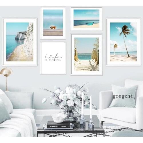 Palm Tree Beach Conch Hermit Crab Nordic Posters Coastal Scenery Canvas Painting and Prints Wall Art Pictures Living Room Decor