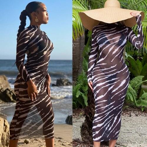 SKMY Net Yarn Summer New Round Neck Long Sleeve Perspective Casual Midi Dress Bodycon Sexy Black And White Printed Beach Dresses