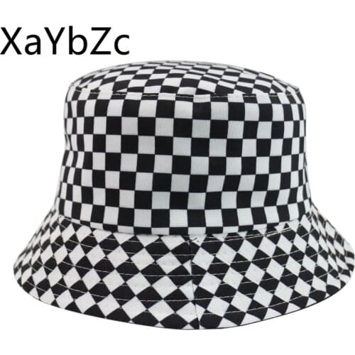 XaYbZc New Black White Plaid Check Bucket Hats Fishing Caps Women Mens