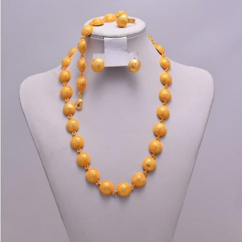 Nigeria Dubai Gold color Bead jewelry sets African bridal wedding gifts party for women Necklace earrings ring set collares