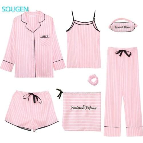 SOUGEN Pink Ladies 7-piece Long-sleeved Imitation Silk Striped Pajamas Ladies Pajamas Suit Spring Summer Autumn Home Service